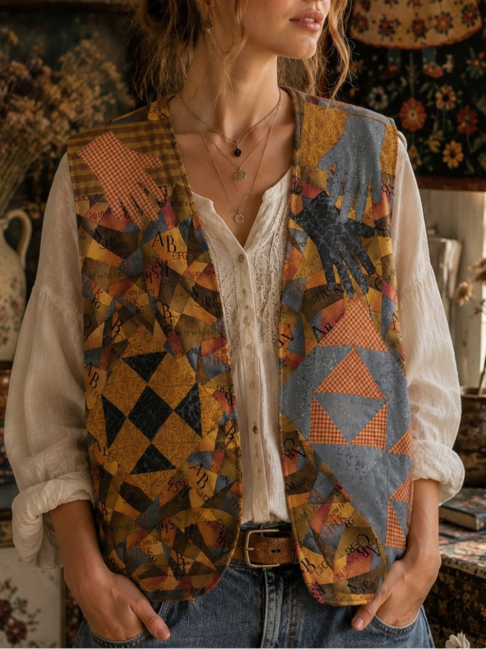 Vintage Handmade Reversible Patchwork Quilt Vest Orange Quilted M/L